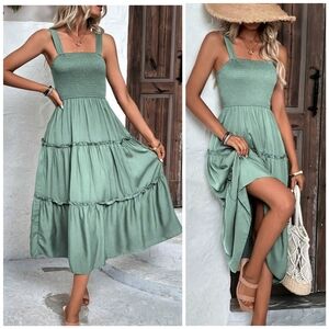 NEW Boho Flowy Smocked Tiered Ruffle Cami Dress Light Green